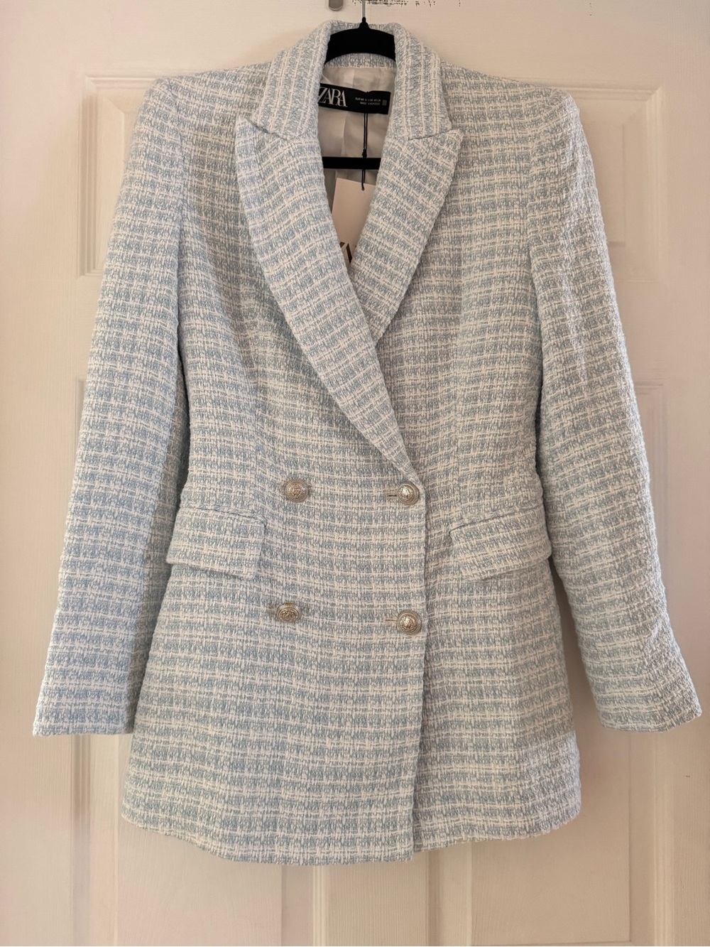 NEW! Zara - Tweed Double-Breasted Blazer - Light Blue/White - Size XS